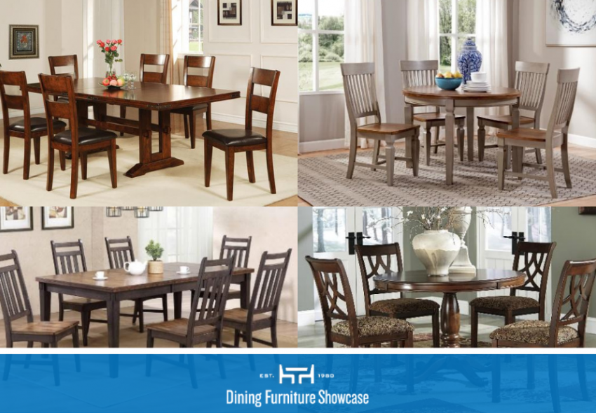 Different Dining Room Table Shapes, Sizes and Base Types Photo collage of different dining table shapes, sizes and base types